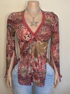☆Sans Souci Red and Brown Paisley Bell Long Sleeve Top☆